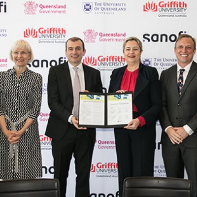 Griffith University Vice-Chancellor Professor Carolyn Evans, UQ Vice-Chancellor Deborah Terry, Sanofi's Dr Jean-Francois Toussaint, Premier Annastacia Palasczcuk, Deputy Premier Steven Miles, and Minister for Science Meaghan Scanlon